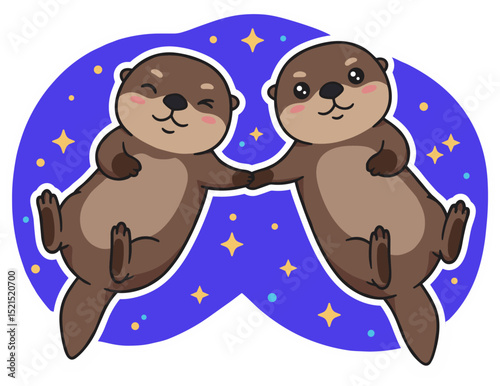 Two adorable otters holding hands while floating. Vector sticker design