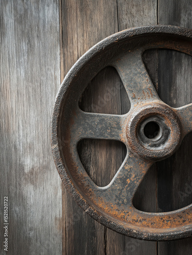Close-up of aged recycled metal wheel from library book cart with patina, on smooth wooden surface, diffused daylight, raw eco-friendly design, cool gray and wood brown tones
