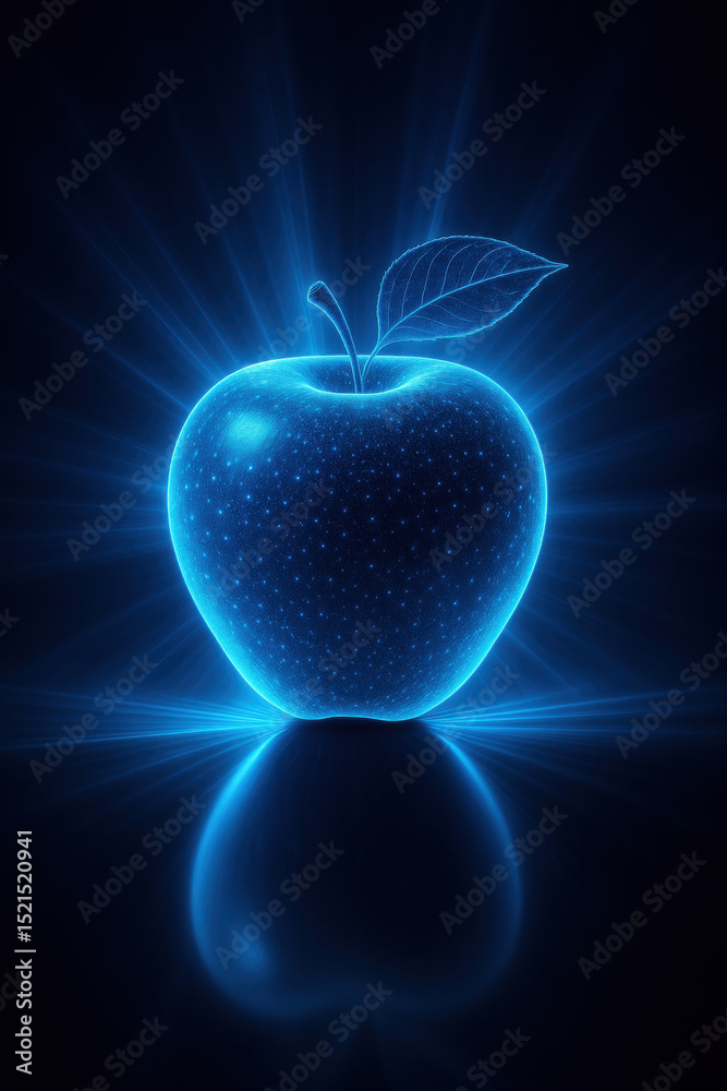Obraz premium Glowing blue apple with leaf, radiating light against dark background, creates captivating and futuristic visual