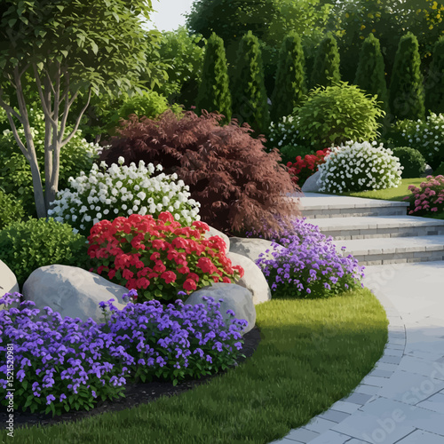 Lush Garden Scene with Colorful Flowers, Stone Steps, and Greenery.