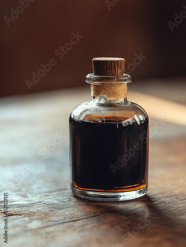 Old glass ink bottle with faded label on matte oak surface. Soft daylight highlights vintage charm and textured glass.
