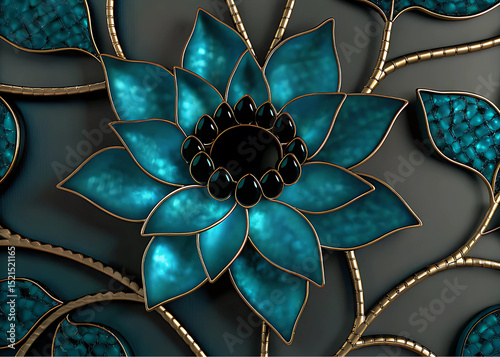 Golden Lotus Bloom | Luxury Abstract Floral Art with Turquoise & Gold Accents.Elegant Teal & Gold Lotus Flower Wall Art