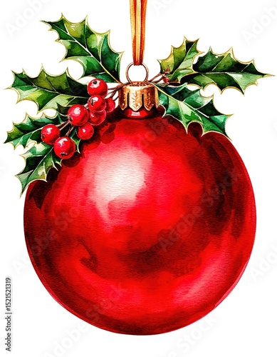 Christmas ball and holly. Watercolor holiday card.