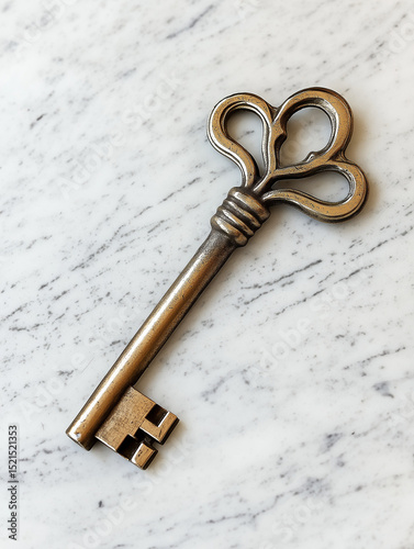 Antique brass library key with ornate bow design on polished white marble. Soft daylight highlights texture and subtle tarnish. Refined, timeless mood. High-res stock photo.
