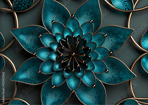 Golden Lotus Bloom | Luxury Abstract Floral Art with Turquoise & Gold Accents.Elegant Teal & Gold Lotus Flower Wall Art