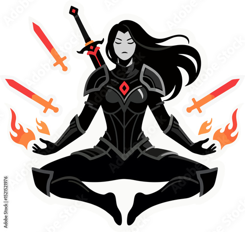 Powerful Female Warrior in Meditation with Flaming Swords – Vector Illustration