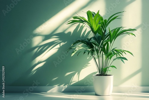 indoor kentia palm tree with sunlight and green wall