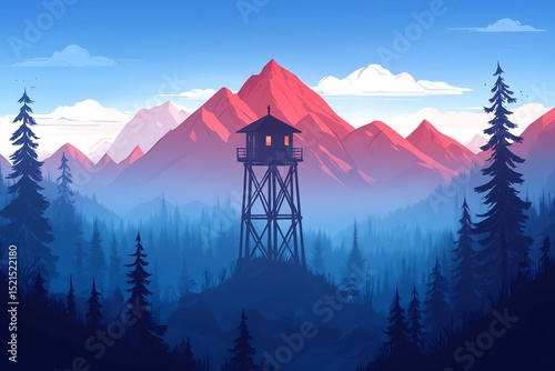 watchtower in mountains and forest illustration