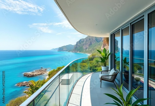 Modern balcony, stunning coastal panorama, azure sea, vibrant greenery, sea, balcony