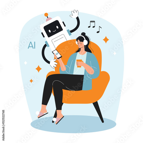 Artificial intelligence is a concept.A woman listens to music or a podcast, and uses AI in work, creativity, and life. Flat vector illustration for technology, business and innovation design.