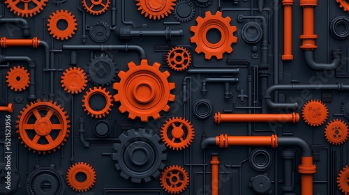Orange gears and black pipes form an intricate industrial pattern on a dark background.