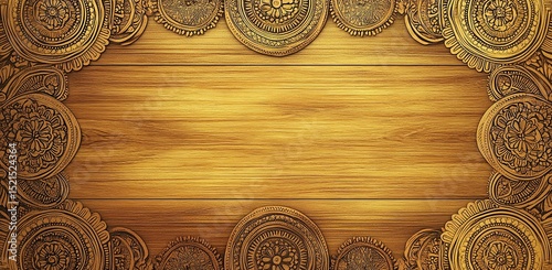 A golden wooden background with intricate mandala patterns along the edges,