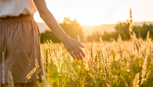 Fototapeta Naklejka Na Ścianę i Meble -  Woman hand touching tall grass in sunlit meadow summer sunset peaceful and carefree outdoor scene nature relaxation freedom golden hour warm light