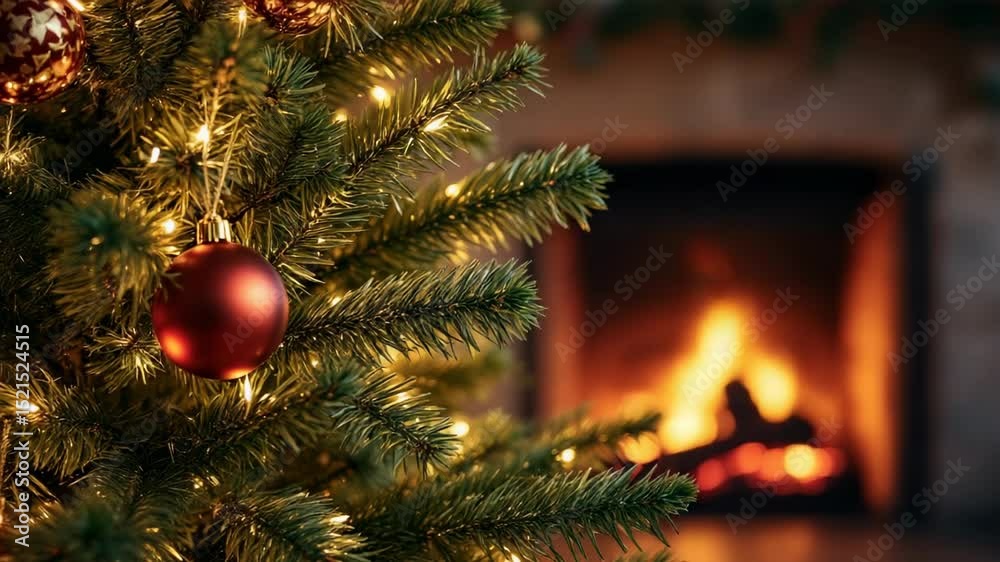 cozy holiday scene: christmas tree with ornaments near a warm fireplace, creating festive ambiance