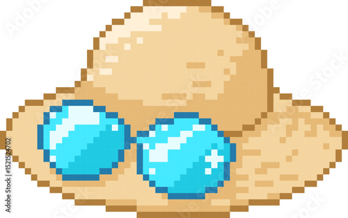 pixel vector illustration of Straw Hat with Sunglasses