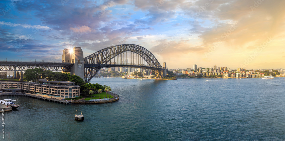 Naklejka premium Australia, Sydney bridge and skyline panorama near financial business center.