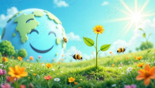 Friendly Sprout Illustration in Vibrant Green Landscape with Bees
