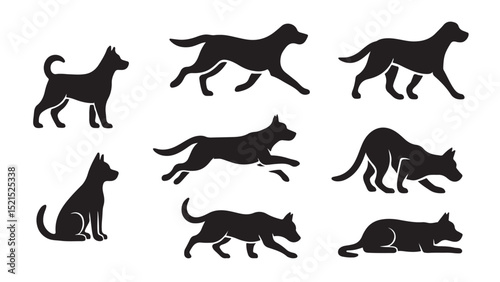 A set of different position of dog silhouettes vector design isolated on white background.