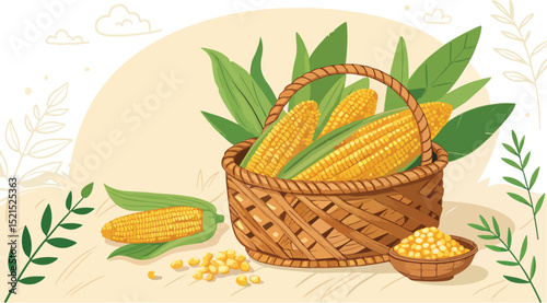 Corn and Cob in Basket on Natural Background Illustration