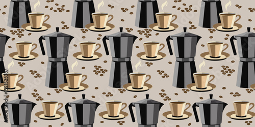Vector seamless pattern coffee pots, coffee cups and seeds on light beige background
