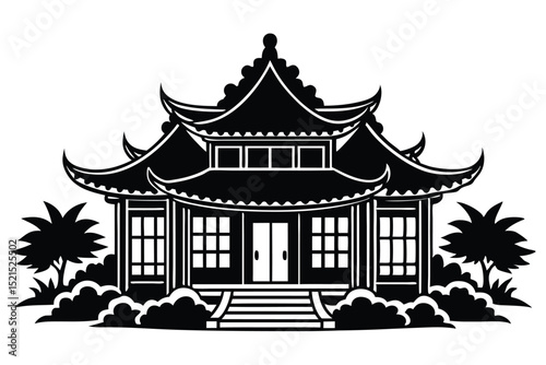 Elegant Chinese Pagoda Architecture A Black and White Illustration