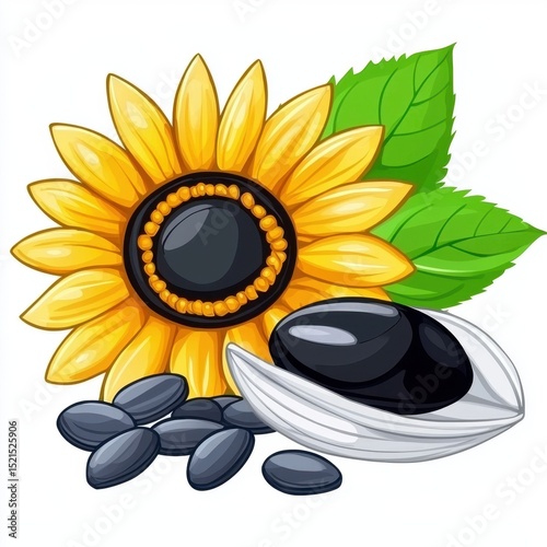 Vibrant Sunflower with Seeds and Leaves Illustration