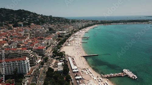 Drone shot in Cannes during the Cannes Lion Advertising Festival. Beach is lined with branded takeovers and activations.