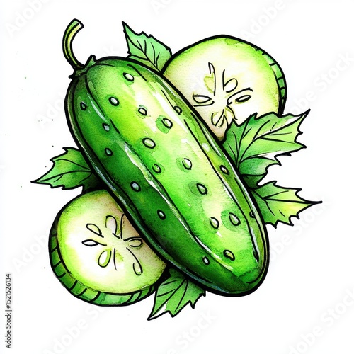 Vibrant Watercolor Cucumber Painting with Green Leaves