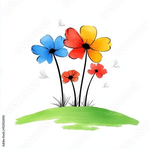 Vibrant Watercolor Flowers on Green Hill