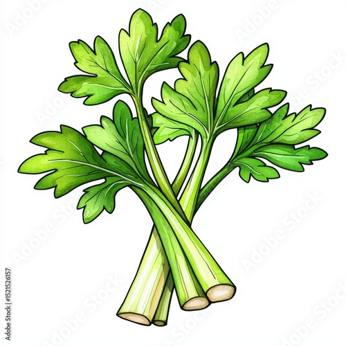 Vibrant Watercolor Celery Illustration Fresh Green Stalks and Leaves