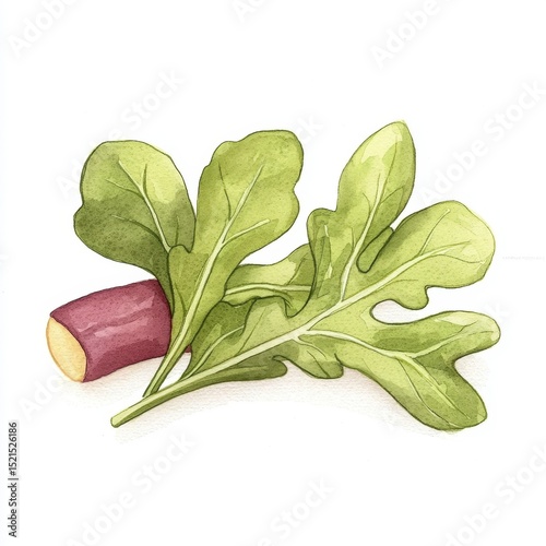 Vibrant Watercolor Illustration of Arugula Leaves and Purple Stem