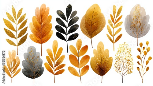 A collection of illustrated autumn leaves in various shapes and warm colors, arranged artistically on a white background.