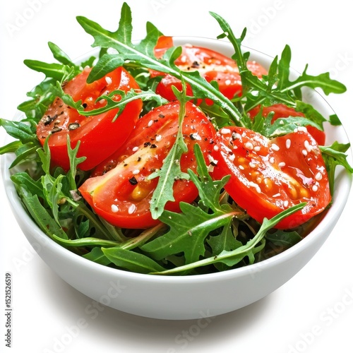 Vibrant Red Tomato and Arugula Salad in White Bowl