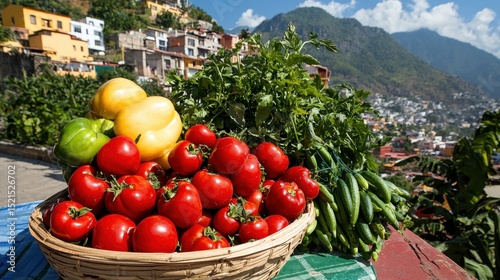 Vibrant Red Tomatoes and Peppers in Basket Against Mountain Town Background