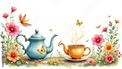 Whimsical Watercolor Tea Party with Teapot and Butterflies