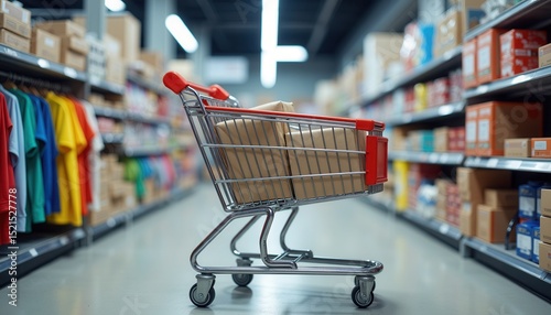 Shopping cart in supermarket aisle filled with products essentials
