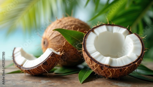 Fresh coconut halves on tropical background