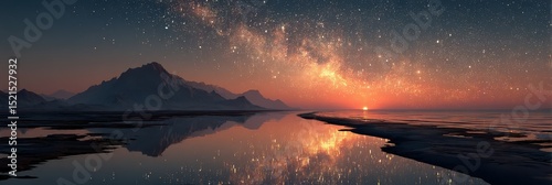 Vibrant night sky reflecting over tranquil water with mountains in the distance at sunset