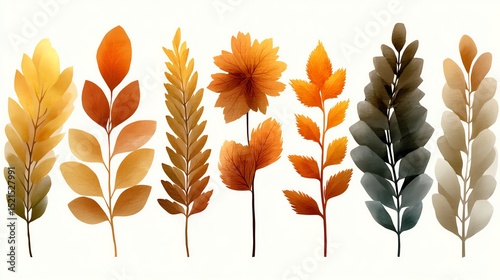 Seven stylized autumn leaves in various shapes and warm colors are arranged in a row against a white background.