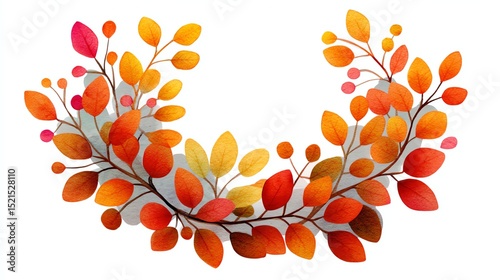 A colorful wreath of autumn leaves and berries arranged in a semi-circular pattern on a white background.