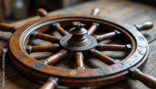 Vintage ship steering wheel on wooden table