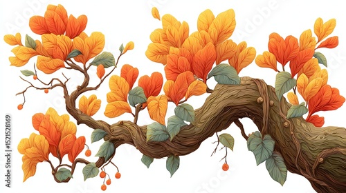 A stylized tree branch with vibrant orange and yellow autumn leaves and a textured, twisting trunk on a white background.