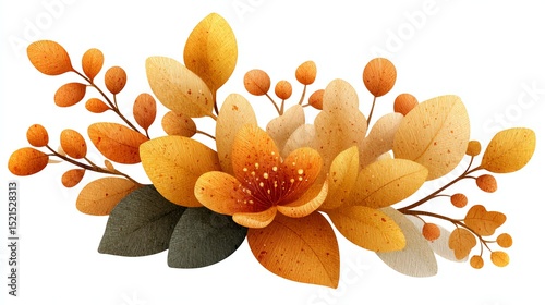 A vibrant autumn-themed floral arrangement with orange and yellow flowers and textured leaves on a white background.