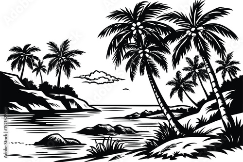 Tropical Paradise Black and White Palm Tree Beach Illustration