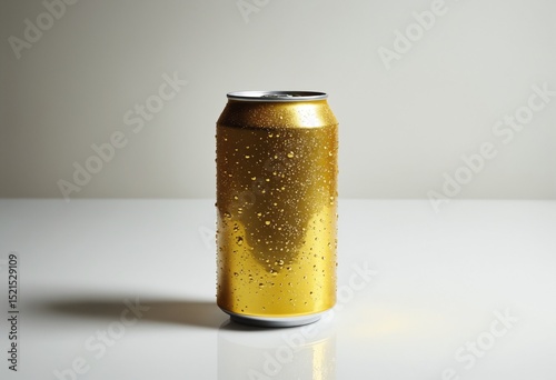 Golden aluminum sparkling drink can with water droplets, upright on a white acrylic surface with slight reflection