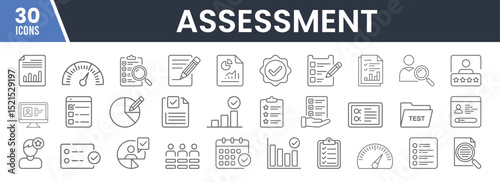 Set of 30 Line Icons Related to Assessment, Evaluation, Review, Testing, Certification, Feedback, Analytics, Editable Stroke. Vector Illustration