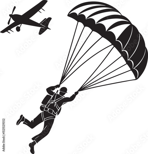 Black and White Silhouette of a Skydiver and Vintage Biplane