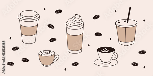 A delightful collection of coffee drinks, including lattes, cappuccinos, iced coffees, and more.