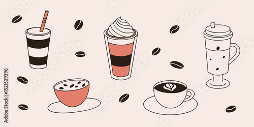 A delightful collection of coffee beverages, including iced coffee, frappuccinos, lattes, and macchiatos, accompanied by coffee beans.