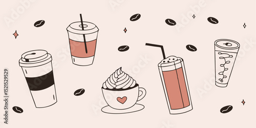 A delightful collection of coffee drinks, including iced coffee, lattes, cappuccinos, and more.